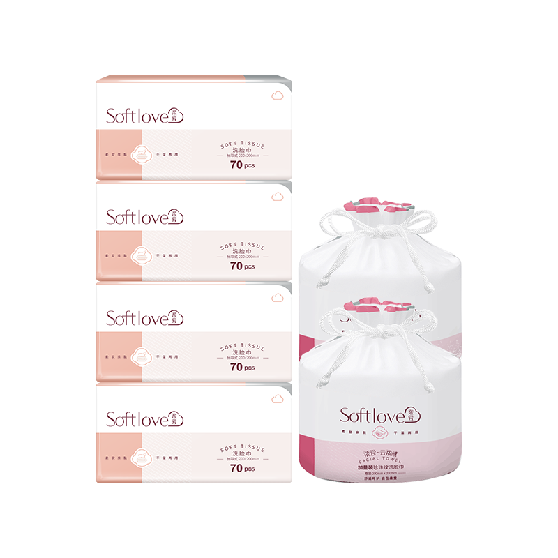 Softlove柔爱一次性洗脸巾女卷筒式70抽4包100抽2卷组合高清大图