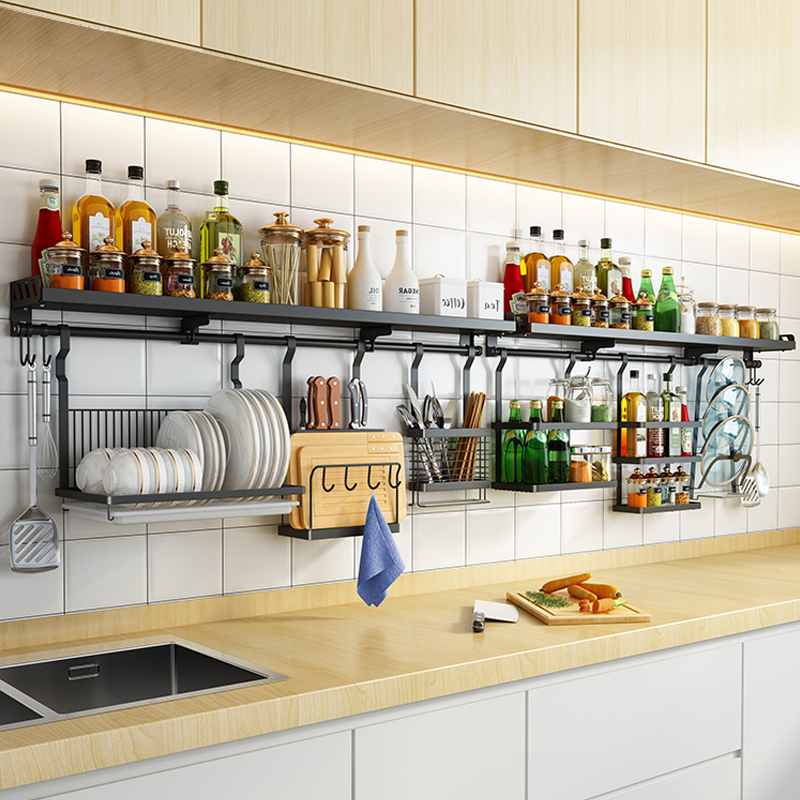 壁挂式不锈钢厨房置物架家用免打孔调料挂钩挂件用品多功能收纳架