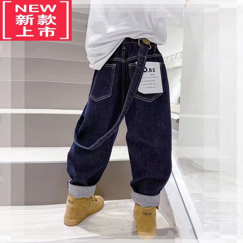 可莉允一体绒单肩男童背带裤单根可拆卸亲子装宽松儿童休闲裤加绒牛仔裤保暖裤图片