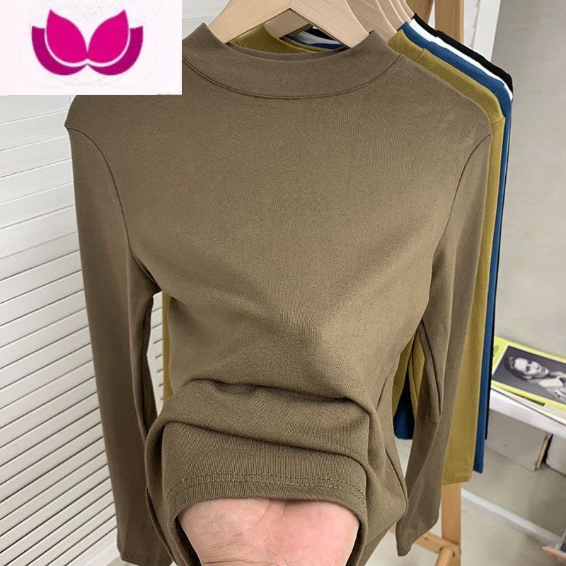 七斓欧货半高领款纯色大码内搭长袖打底衫t恤女显瘦百搭洋气上衣图片