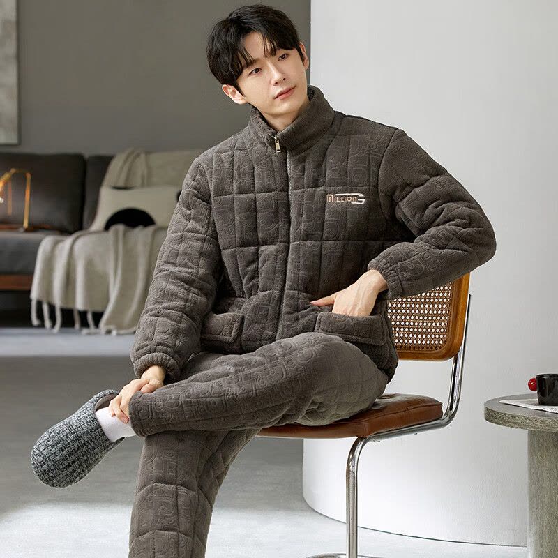 浪莎(LangSha)男士睡衣男冬季三层夹棉特厚保暖家居服中老年防寒长袖长裤可外穿 灰棕 XL图片