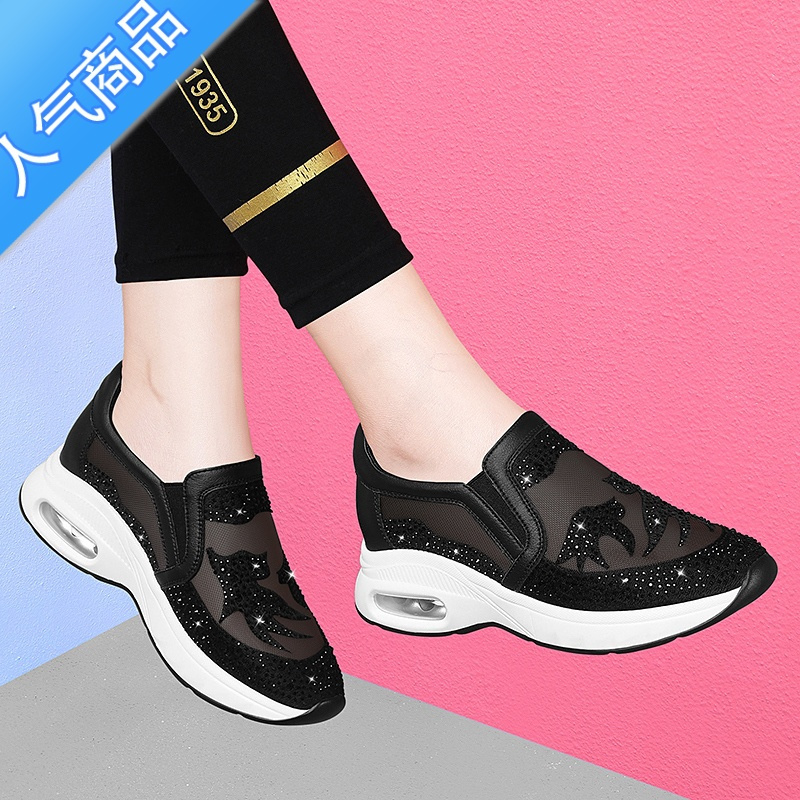 SUNTEK2023年新款跑步女鞋薄款单鞋女士坡跟休闲网纱网鞋网面透气小白鞋