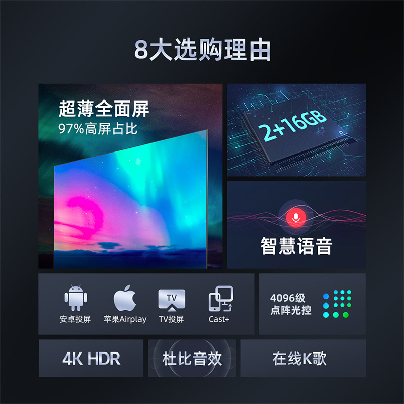 长虹65D4PS 65英寸4K超高清 智能语音 2+16GB无线投屏 全面屏平板LED液晶电视机