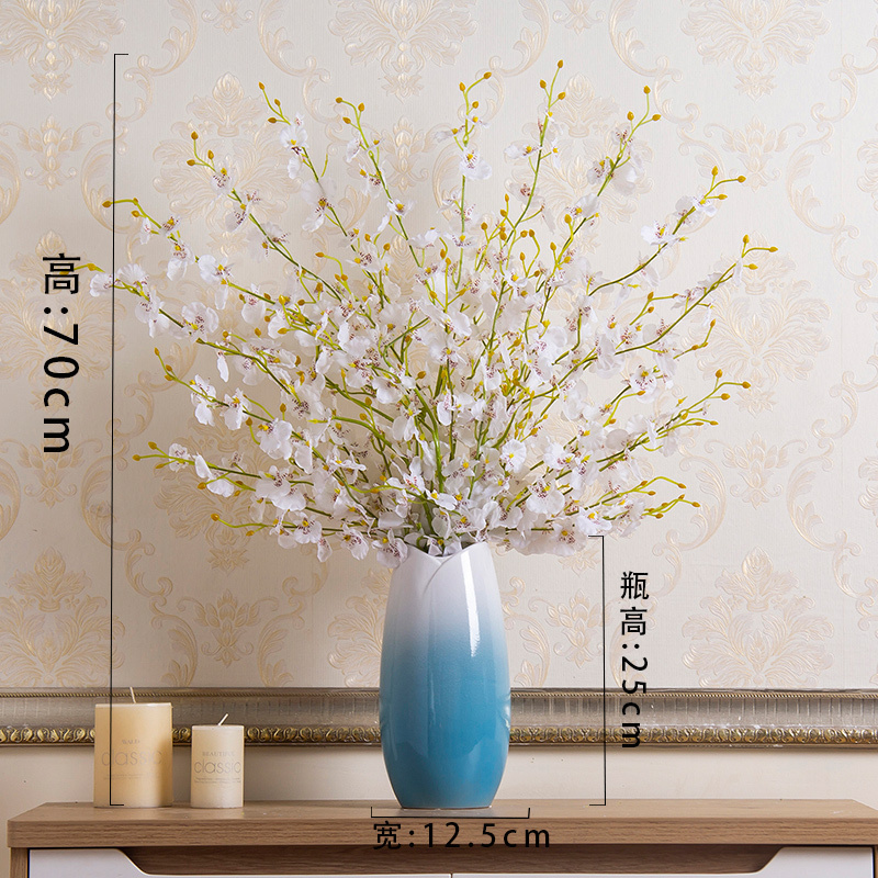 现代简约客厅落地桌面花瓶摆件插花干花花艺花器摆设陶瓷渐变花瓶 三维工匠 白蓝渐变花瓶+8枝白跳舞兰