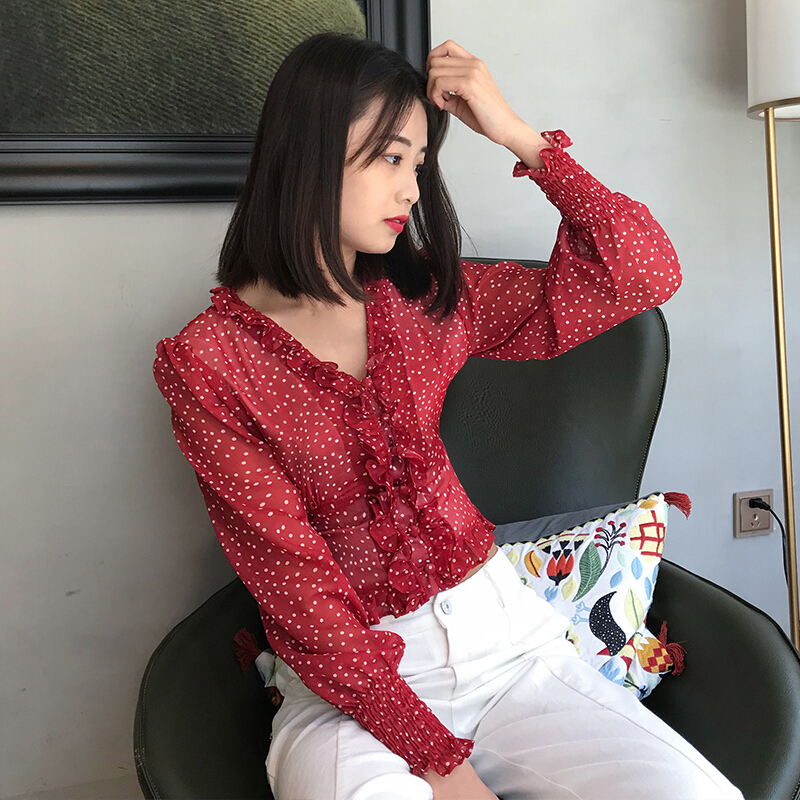 2018夏装新款甜美宽松长袖显瘦荷叶边V领法式明媚红色波点衬衫女红色