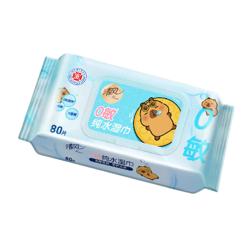 清风 纯水1层80片/包*1*4湿纸巾 纸品 0敏更亲肤 BWBA80E3 可搭配卷纸 卫生纸使用 柔厚亲肤