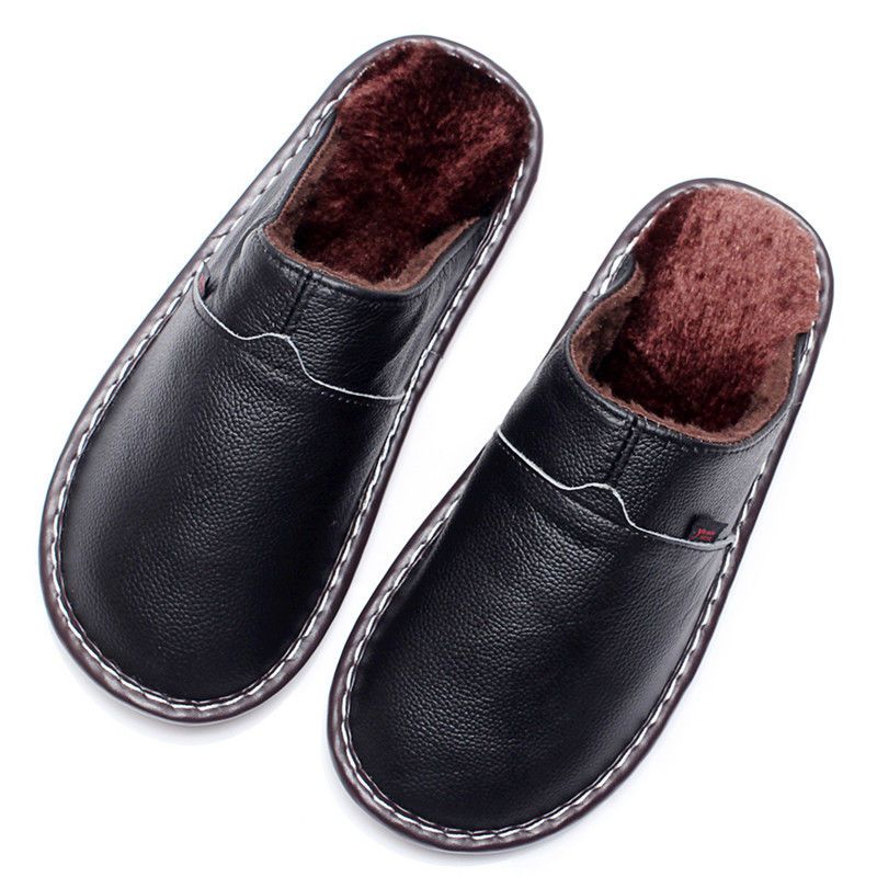 真皮拖鞋牛皮拖鞋女男冬室内保暖情侣毛毛厚底防滑皮拖鞋棉拖鞋女黑色