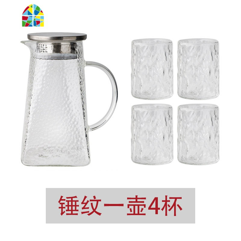 日式可高温凉水壶茶壶套装家用防爆大容量冷水壶创意锤纹玻璃水壶 FENGHOU [锤纹]一壶4杯