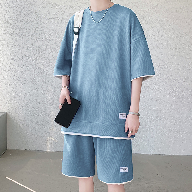 华夫格休闲套装男夏季冰丝短袖t恤 男装一套搭配帅气潮牌运动衣服Wsng