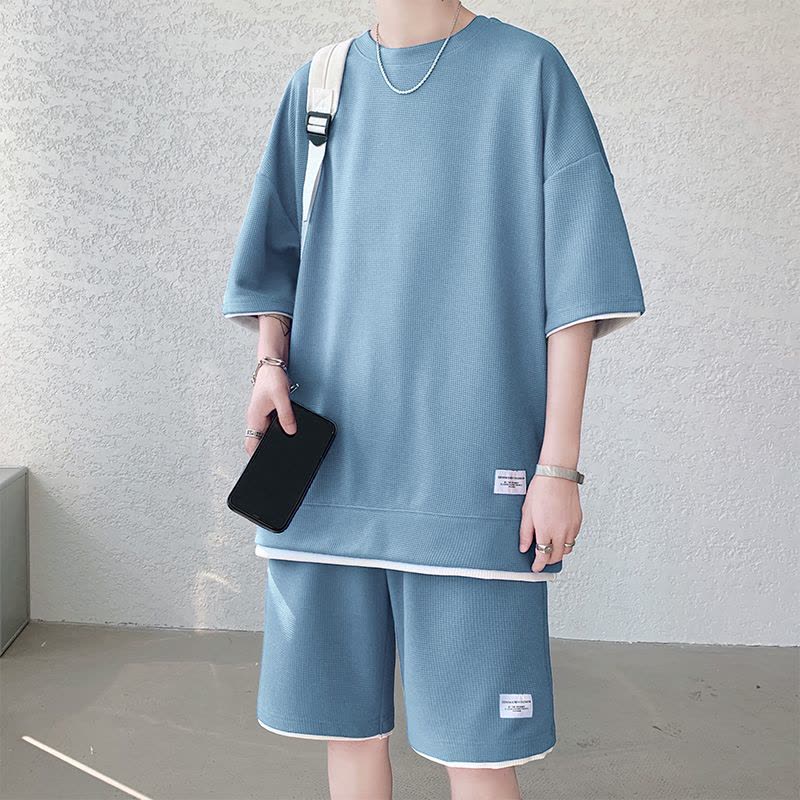 华夫格休闲套装男夏季冰丝短袖t恤 男装一套搭配帅气潮牌运动衣服Wsng图片