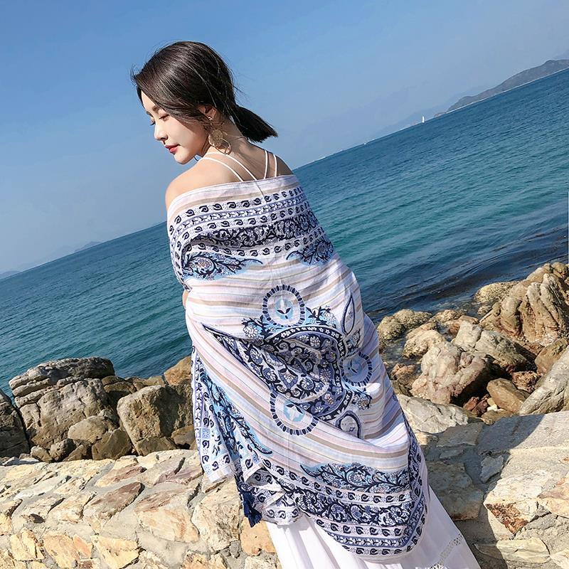夏季复古图腾旅游度假棉麻民族风海边度假防晒围巾披肩丝巾沙滩巾