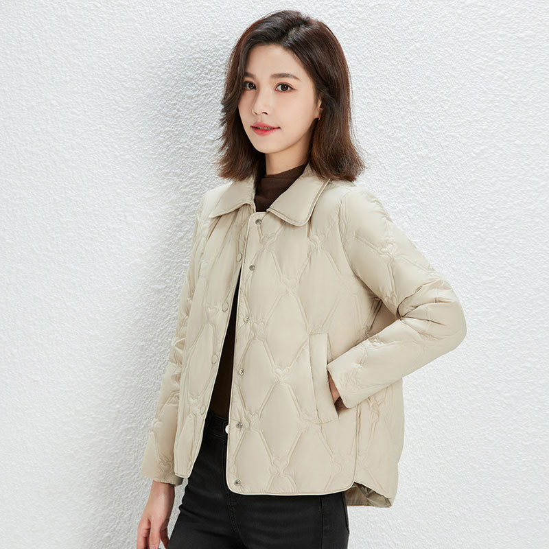 新款简约女式90绒女装尖领纯色羽绒服短款宽松外套_531高清大图