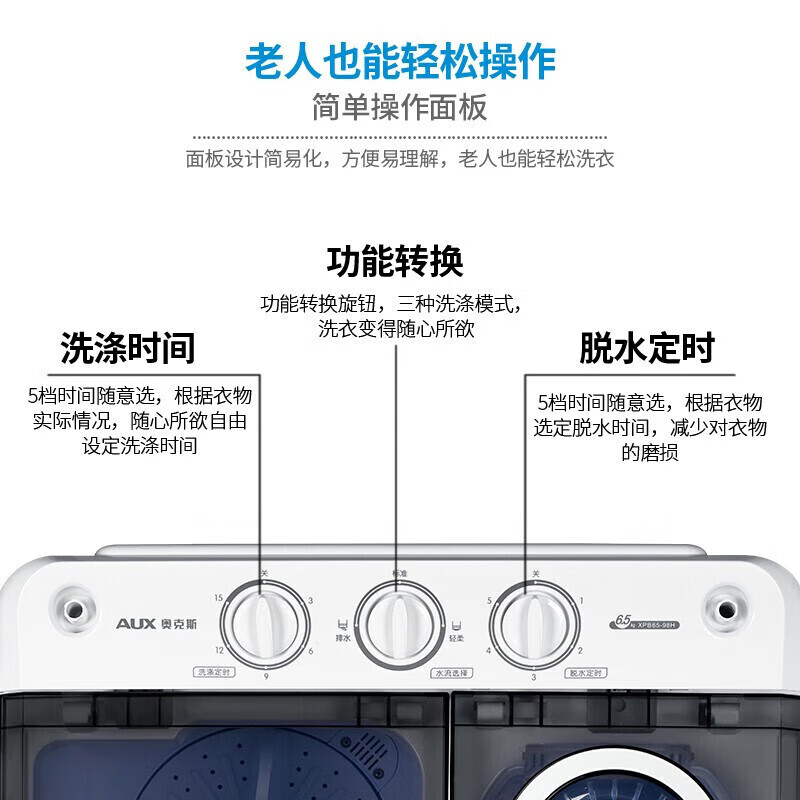 奥克斯洗衣机洗+脱7.5KG半自动大容量双缸双桶家用租房波轮小型迷你高清大图