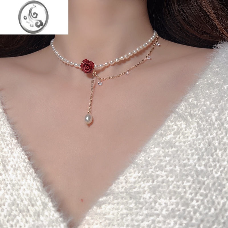 JiMi法式珍珠吊坠项链女夏季2023年新款气质锁骨链网红个性百搭脖颈链 红玫瑰项链