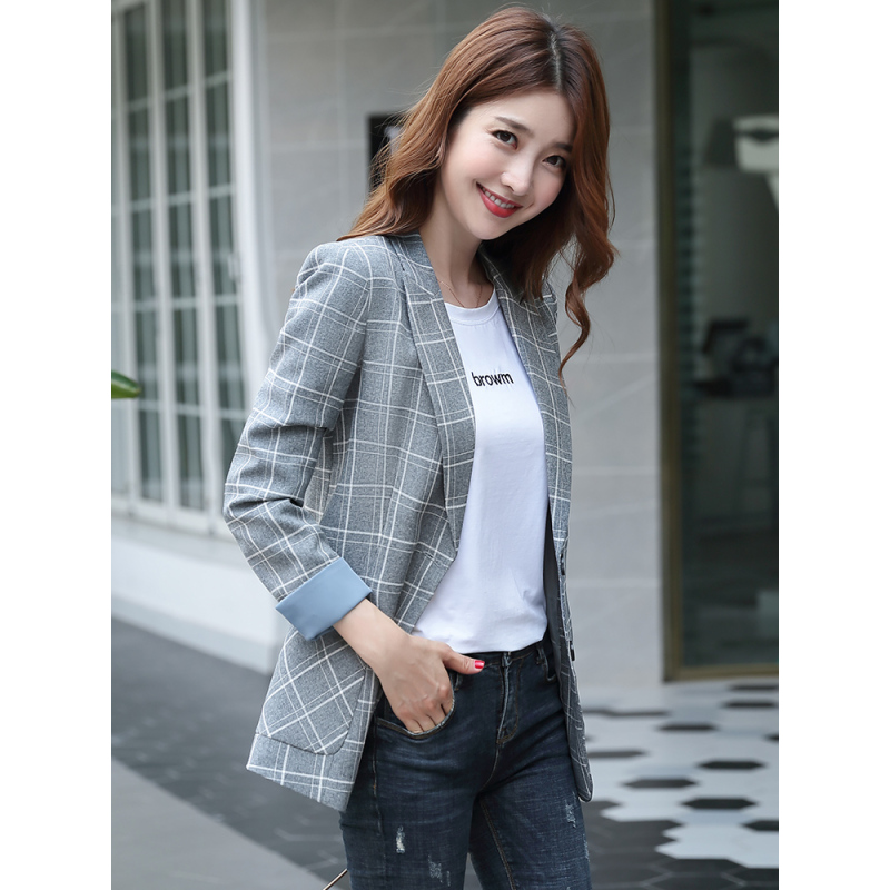 suntek格子小西装外套女韩国英伦风春秋休闲百搭上衣复古显瘦杏色小
