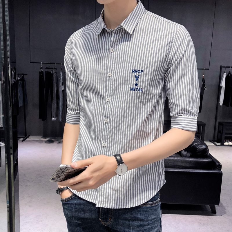 七分袖衬衫男士夏款中袖半袖宽松7分五分韩版衬衣男2018新款时尚