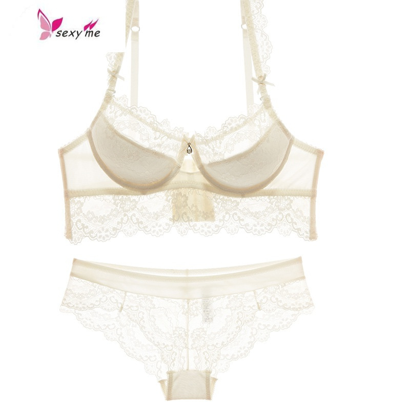 夏天透气网纱大码胖mm内衣性感聚拢收副乳透明胸罩薄蕾丝文胸 FISH BASKET胸罩 米白色 32=70D配S内裤