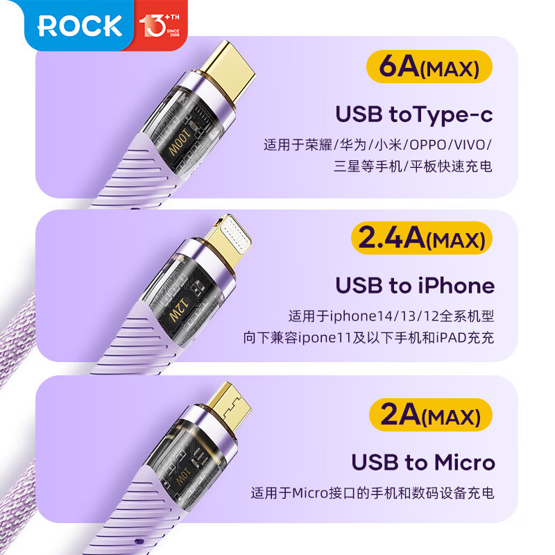 洛克数据线三合一充电线100w苹果14手机pd快充一拖三车载电源线多功能type-c/usb/ipad笔记本华为安卓