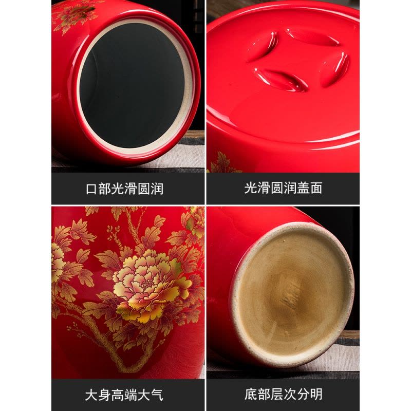 米桶防虫防潮密封桶装米箱面粉烘焙精灵储存罐家用20斤50斤装陶瓷带盖 PW-20斤锦上添花凳子米缸红色图片
