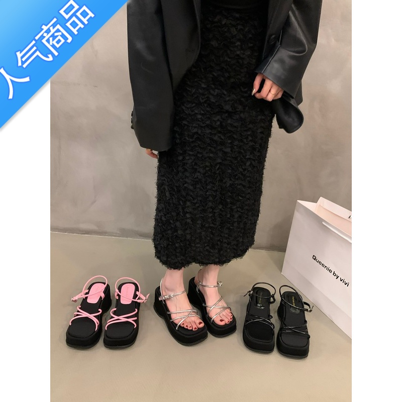 SUNTEK小众厚底休闲银色凉鞋女鞋子2023年新款夏季增高小个子坡跟罗马鞋