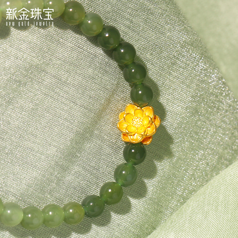 新金珠宝 足金莲花手串 和田玉晴水渐变手链拼色玉石珠串1042