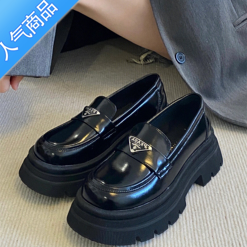 SUNTEK2023春夏新款三角标圆头乐福鞋女厚底增高一脚蹬小皮鞋单鞋厚高清大图