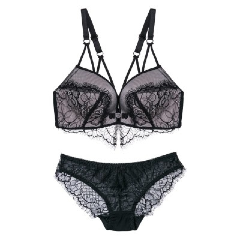 yuyi原创文胸套装女内衣蕾丝性感深v小胸罩聚拢调整型黑色75b视频