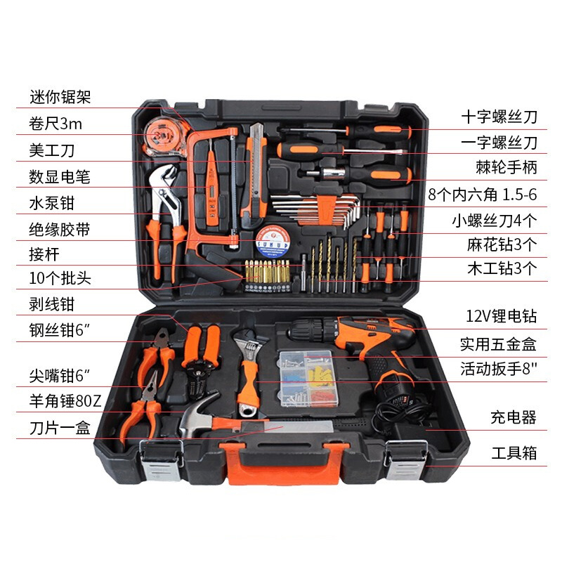 鑫虎威 五金工具箱工具套装家用锂电钻工具箱家庭维修多功能手动电动木工电工工具组合套装收纳箱高清大图