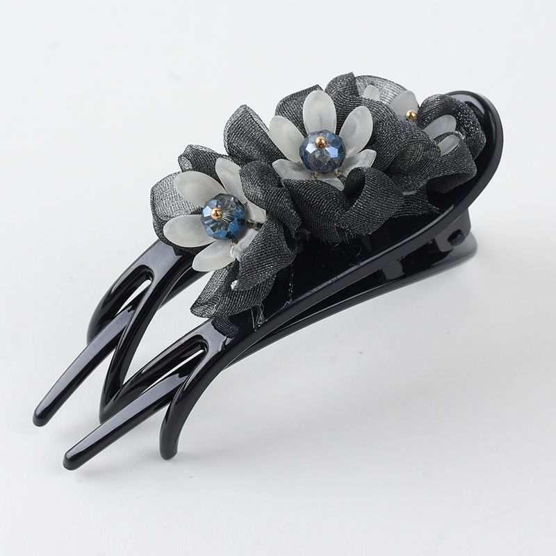 黑灰色韩版鸭嘴夹娟沙花朵布艺发夹盘头发专用发夹子头饰发夹后脑勺顶