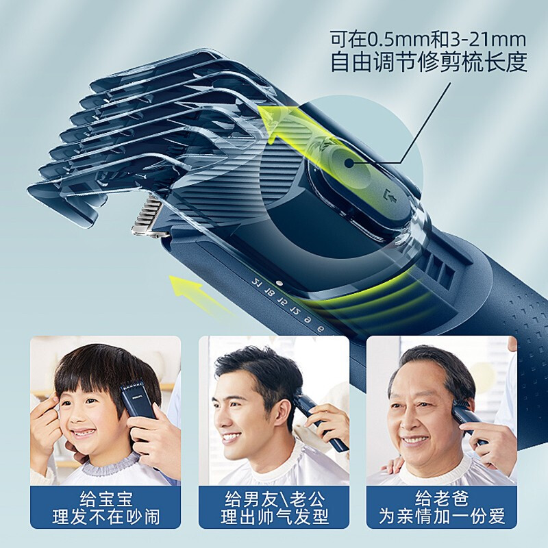 飞利浦(PHILIPS) 电动理发器 剃头电推子家用自助可水洗低噪音剪头发电推剪 HC3688/15藏蓝