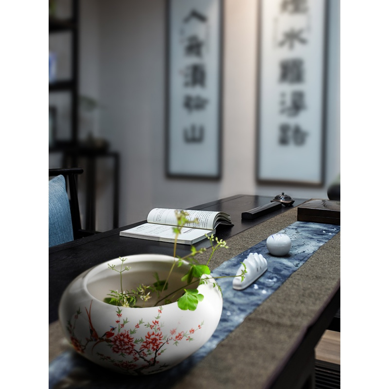 景德镇陶瓷器 手绘写意水浅金鱼缸盆养水仙荷花睡莲 家居摆件 三维工匠 中号白雪景(不含底座)
