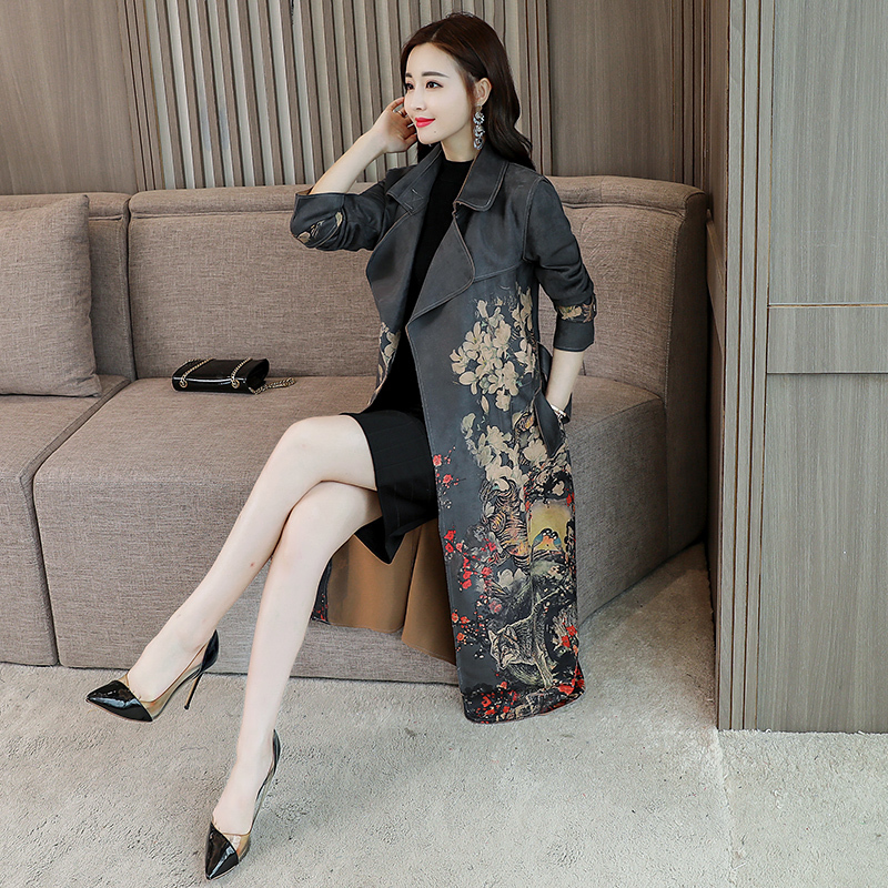 风衣女中长款女士春秋新品过膝大衣韩版印花显瘦鹿皮绒女士外套秋