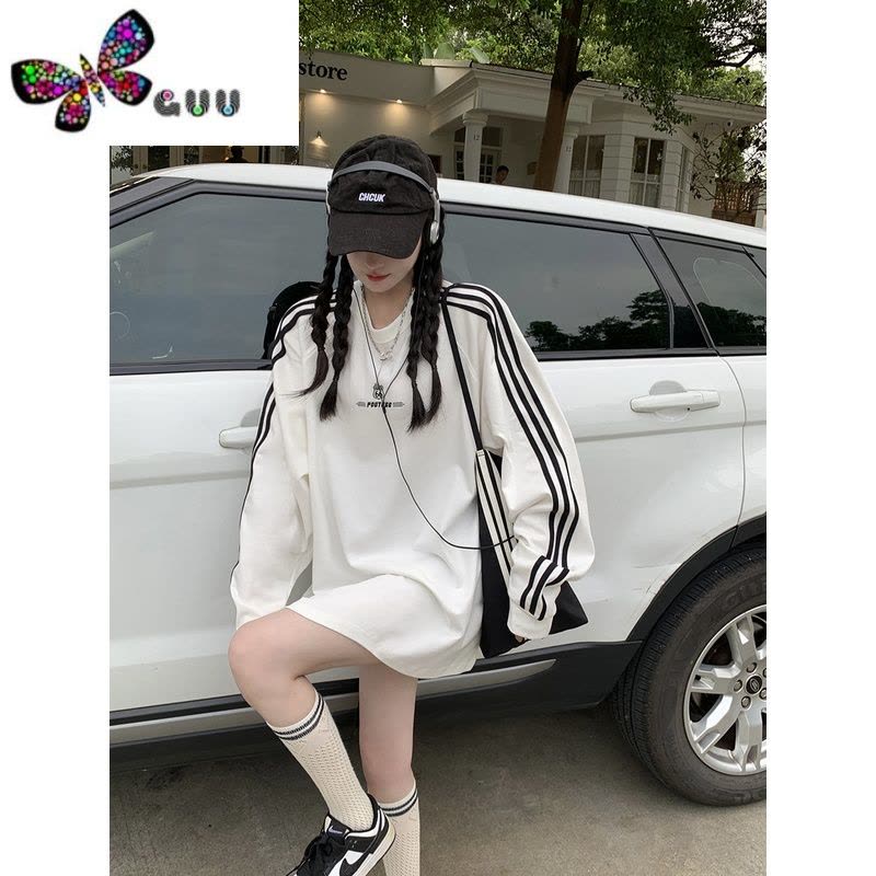 语娄大码美式条纹圆领情侣卫衣秋季2023新款女装胖mm显瘦遮肉上衣女图片
