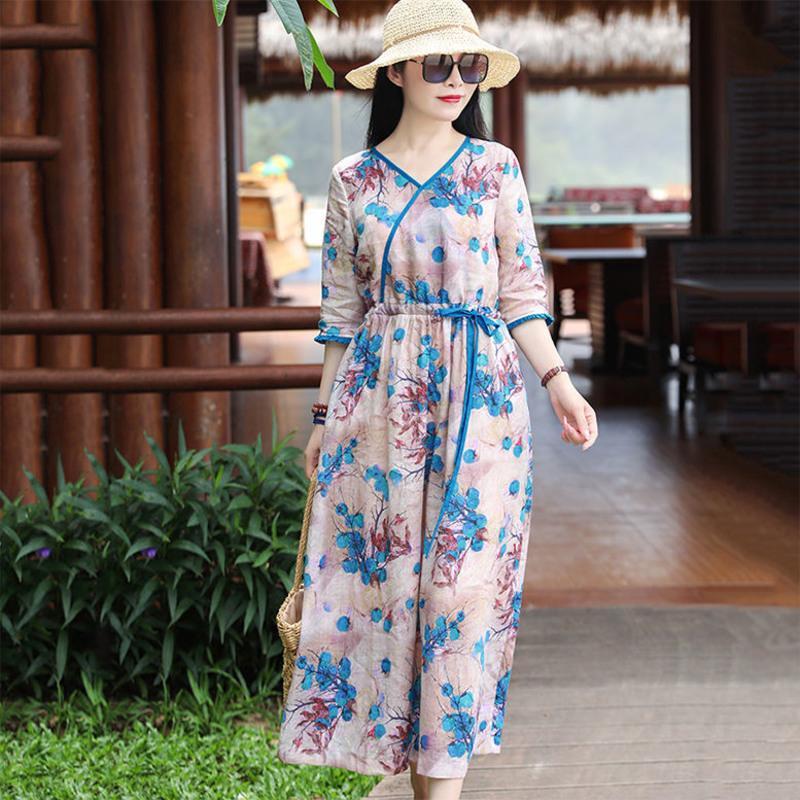 新款2021夏季旅行文艺印花气质显瘦V领系带收腰仿苎麻宽松连衣裙 天蓝色 S [建议80-95]