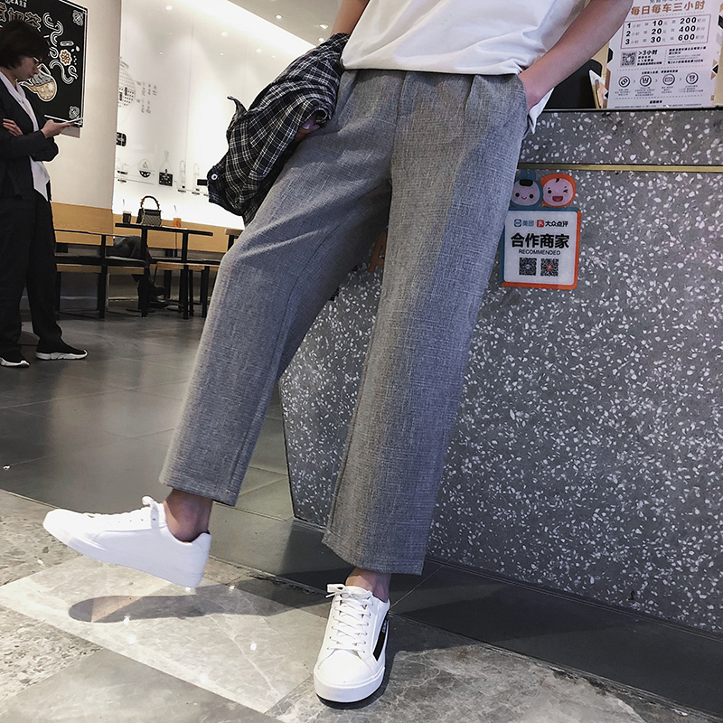 夏款透气舒适亚麻男九分男休闲裤阔腿裤男韩版宽松9分裤休闲裤
