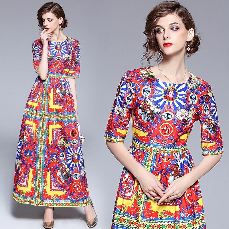 欧洲站古典复古印花欧式连衣裙2018春装新款印度尼西亚旅游度假裙