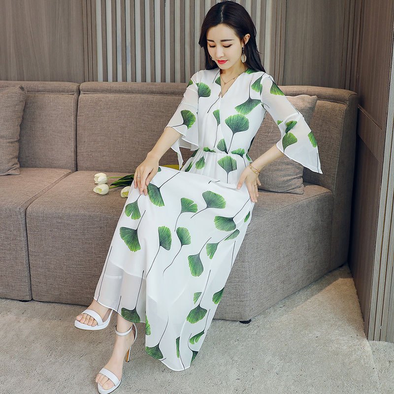 印花雪纺连衣裙女夏款女士新品收腰显瘦温柔仙女裙子气质修身长裙