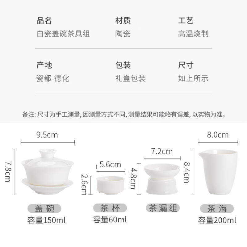 苏氏陶瓷(SUSHI CERAMICS) J0432 白瓷盖碗茶具组(盖碗茶杯茶漏组茶海) 11件套 (单位:套)高清大图