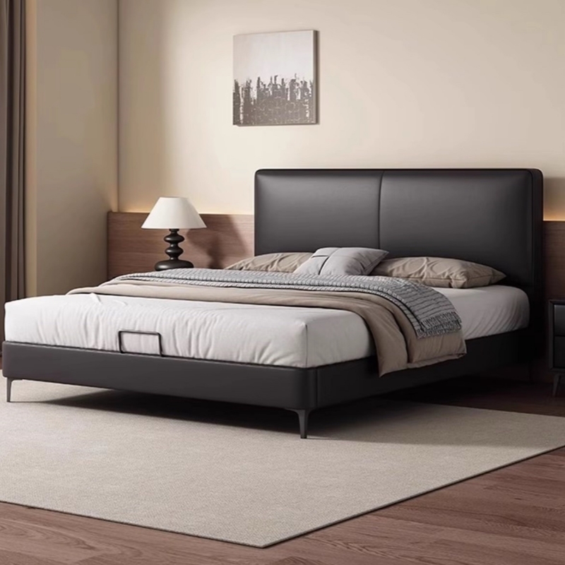 头层牛皮床主卧次卧双人大床实木真皮极简婚床高清大图