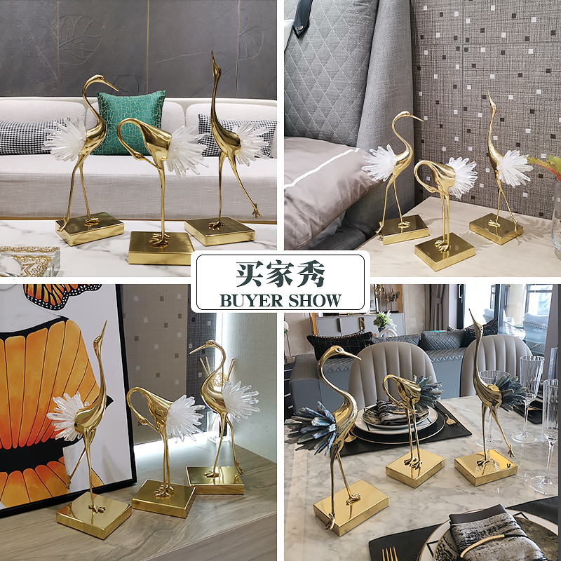 轻奢摆件现代水晶仙鹤新中式家居装饰品客厅玄关电视柜样板房摆设 嵌白水晶+大理石仙鹤L16W9H34