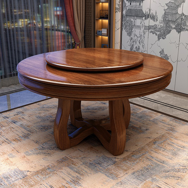 金丝胡桃木实木餐桌全实木一桌六椅八椅新中式带转盘吃饭桌子圆桌