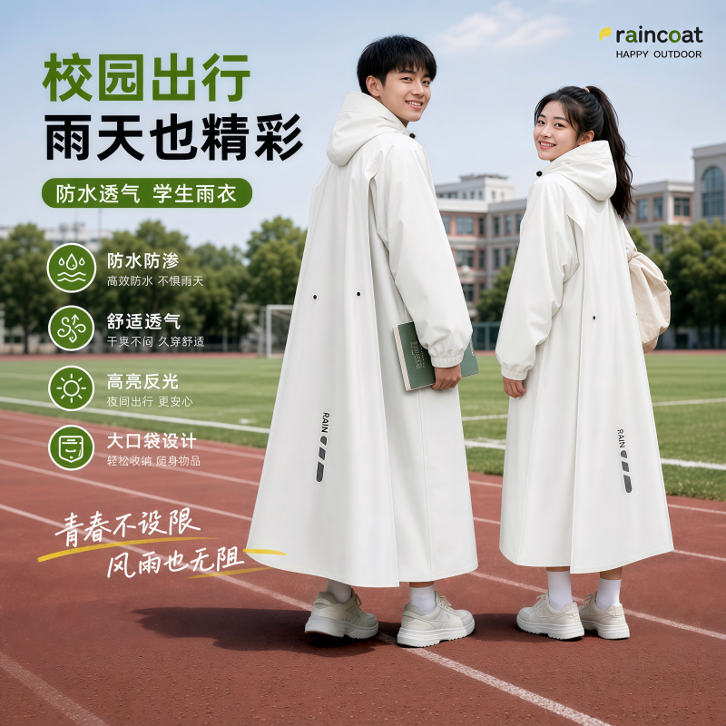 正雨儿童雨衣长款全身防暴雨初高中生上学带书包位电动车透气雨披9063高清大图