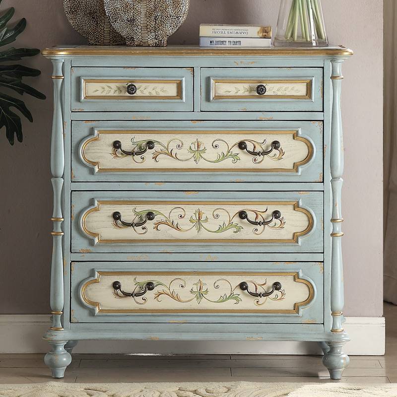 美式五斗柜卧室实木抽屉式收纳柜复古彩绘五斗橱欧式客厅置物柜子 整装_浅蓝色