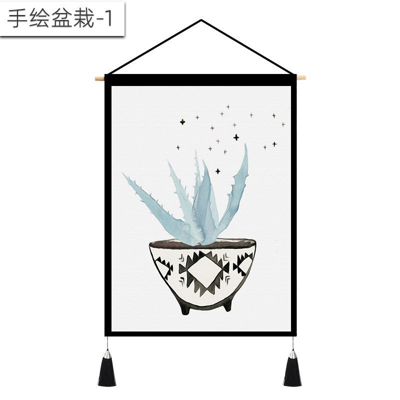北欧挂画布艺墙布挂布背景布挂毯三联装饰画 客厅卧室房间床头 手绘盆栽-1 （绒）宽45cm*高65cm