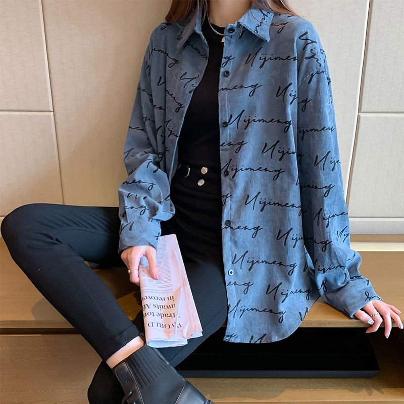 oukabuyi复古港味叠穿灯芯绒衬衫女春秋百搭宽松加厚韩版衬衣外套