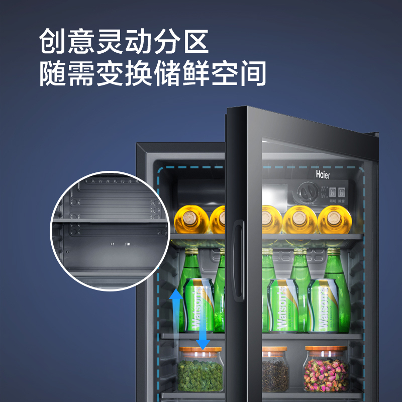 海尔(Haier)100升 冰吧酒柜家用冷藏冰箱客厅办公室冰柜冷柜 梯度温区 分区存储 LOW-E热膜除露DS0100A