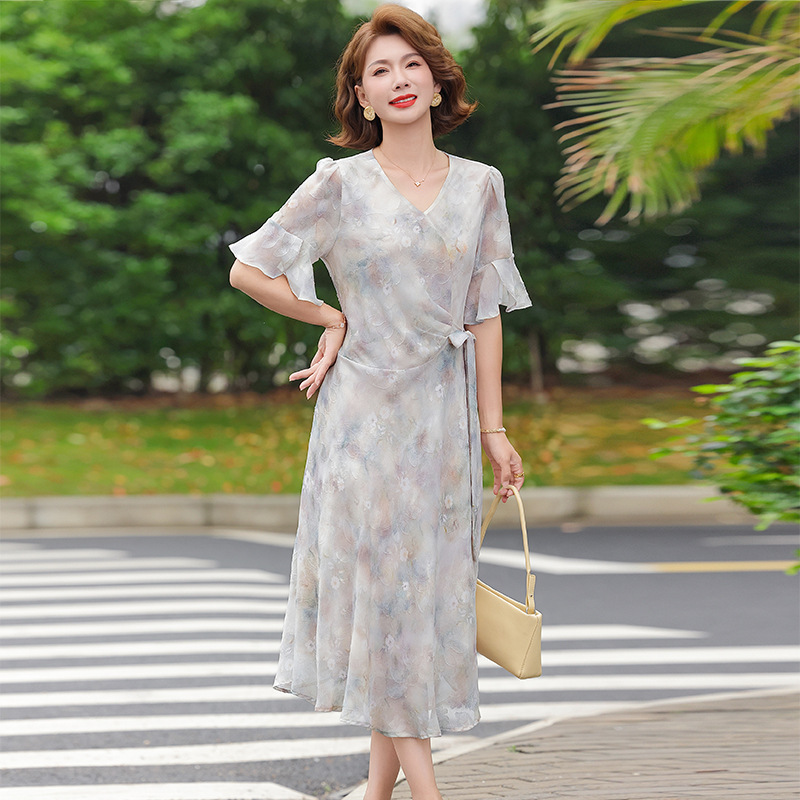 纤孜雅 中年妈妈短袖连衣裙女新款夏季气质洋气温柔裙子高贵长裙夏装高清大图