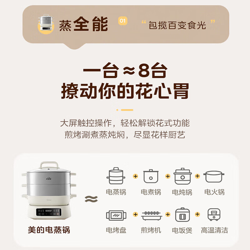 美的(Midea)电蒸锅 电煮锅 电火锅 多功能锅家用电锅蒸包子锅蒸全能三层大容量多用途锅 ZGC282802