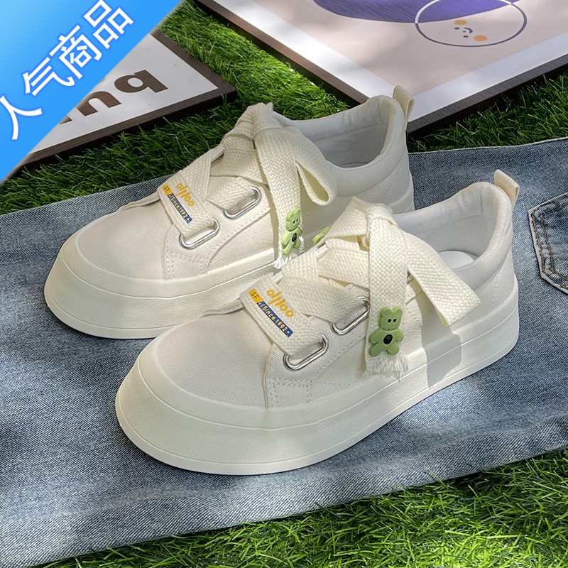 SUNTEK帆布鞋女2023夏季新款小众原创百搭小熊小白鞋厚底休闲运动板鞋子 米色 37