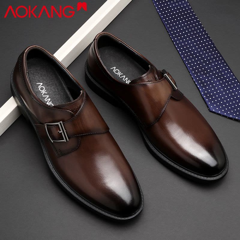 奥康皮鞋男正装男士英伦孟克鞋复古搭扣百搭潮流婚鞋低帮商务休闲鞋 男图片